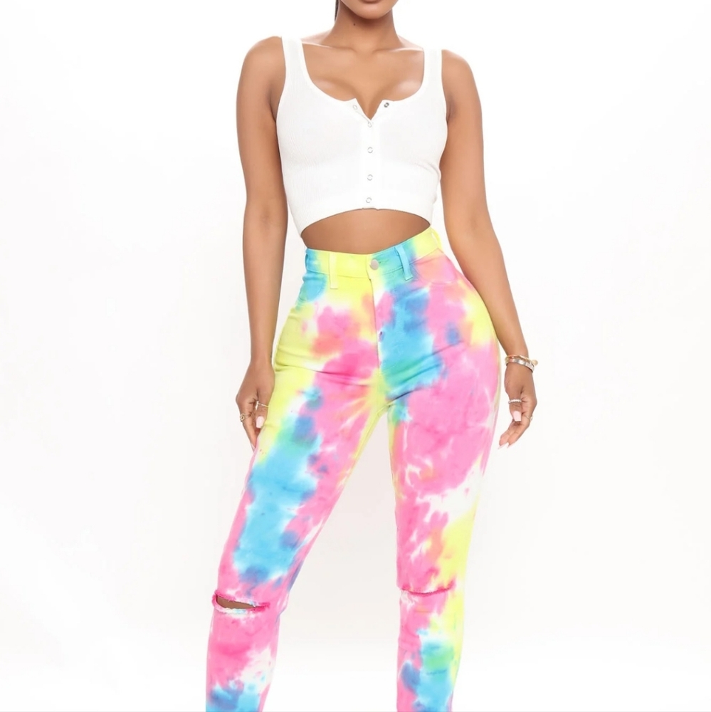 NWT Fashion Nova Pink Yellow Blue Tie Dye Denim High Rise Pants Jeans